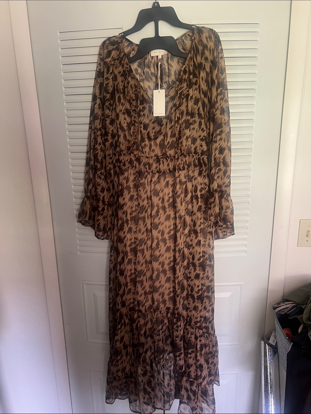 Melloday Brown Leopard-Print Long Sleeve Maxi Dress